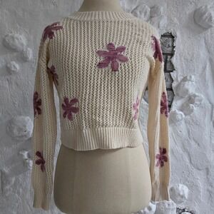 Sugar Moon Womens Cream Purple Floral Open Knit Cropped Sweater Pointelle XS